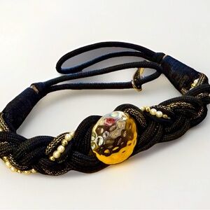 Vtg 80’s Black Gold Hammered Braided Belt with Faux Pearl Detail S/M Boho
